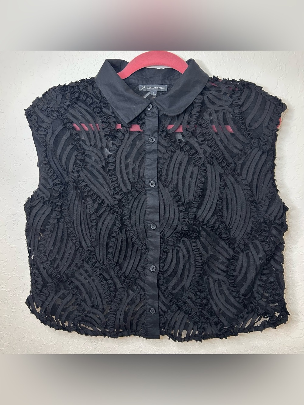 Adrianna Papell black sheer lace boxy button-down shirt blouse collar size small